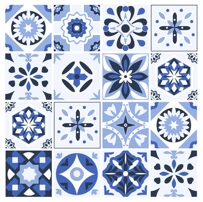 Pack Of 12 Blue Shades Pattern Mosaic Tile Stickers, Transfers For 100mm x 100mm or 4 Inch Kitchen or Bathroom Tiles Design BL07 - Bolsover Designs