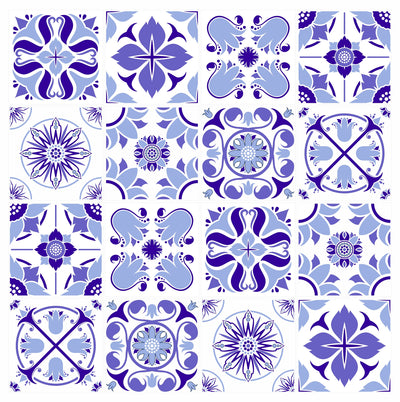 Pack Of 16 Blue Shades Pattern Mosaic Waterproof Tile Stickers, Transfers For 100mm x 100mm or 4 Inch Kitchen or Bathroom Tiles Design BL08 - Bolsover Designs