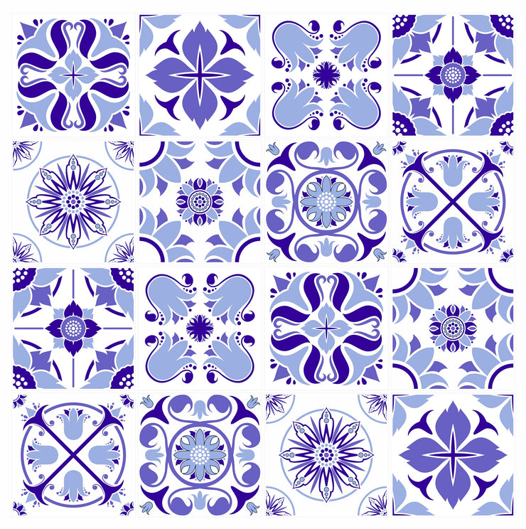 Pack Of 16 Blue Shades Pattern Mosaic Waterproof Tile Stickers, Transfers For 200mm x 200mm or 8 Inch Kitchen or Bathroom Tiles Design BL08 - Bolsover Designs