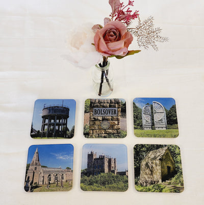 6 Drinks Coasters, With Different Landmarks of Bolsover on each one, Storage case available