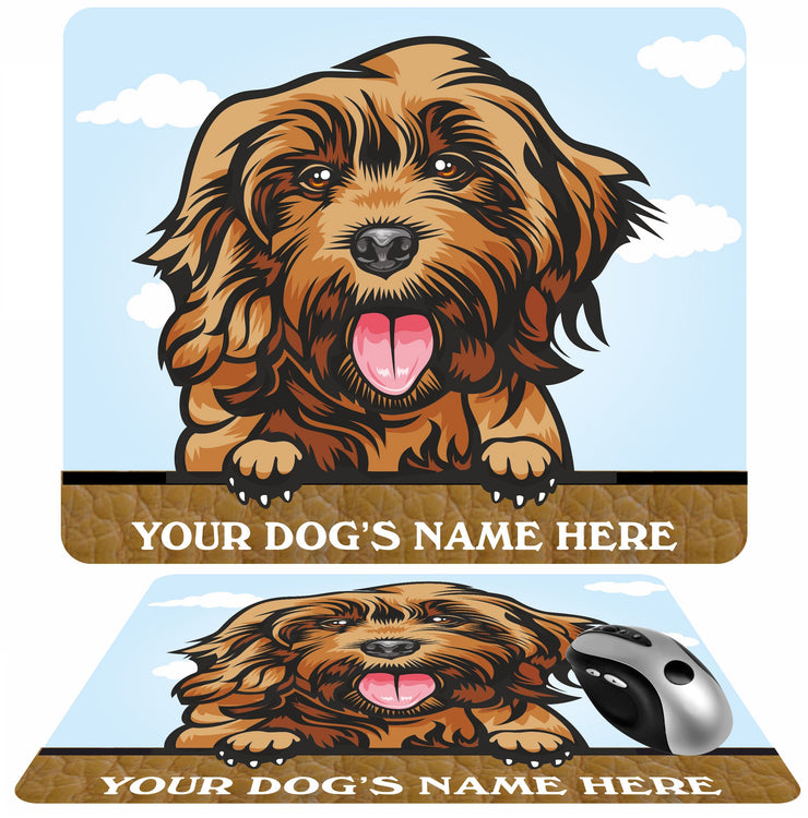 Personalised Dog Breed Mousemat, Your Dogs Name With Cartoon Style Peeking Dog Breeds
