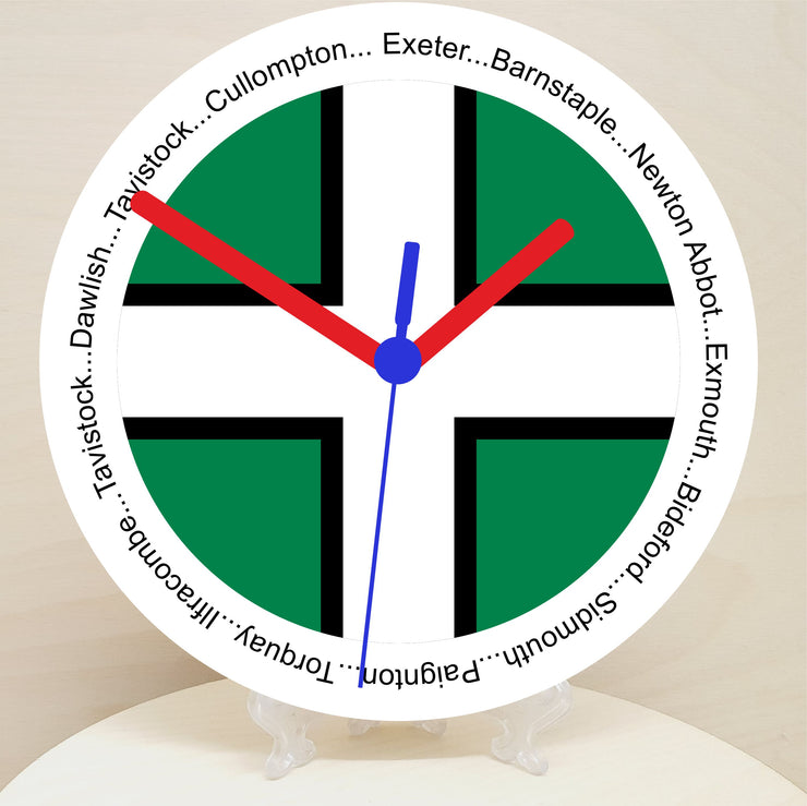 English Counties Clock, Flag Of Your Chosen County On A Quartz Clock, With Towns Listed Around EdgeStand or Wall Mounted, 200mm