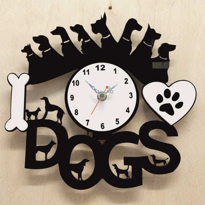 3D Wall Clock "I Love Dogs" Many Breeds surrounding Clock Face. Bone, Heart, Battery Included