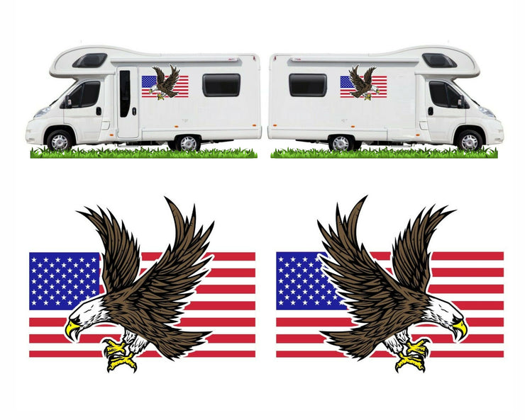 Bald Eagle + USA Flag PAIR of Graphics Decals Stickers for for Van Motorhome Camper Caravan Bailey Swift etc - Bolsover Designs