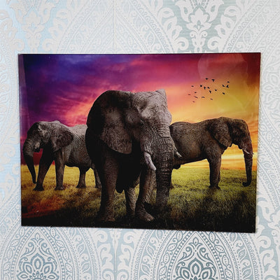 Trio Of Elephants With Colourful Sky, Photo Quality Wall Art, Glass Like but on Acrylic