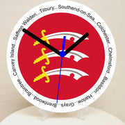 English Counties Clock, Flag Of Your Chosen County On A Quartz Clock, With Towns Listed Around EdgeStand or Wall Mounted, 200mm