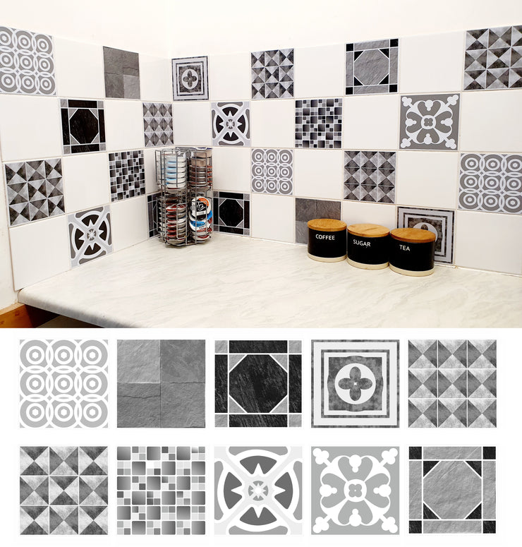Mosaic Tile Stickers Grey, Pack Of 20, All Sizes, Waterproof, Transfers For Kitchen / Bathroom Tiles G05 - Bolsover Designs