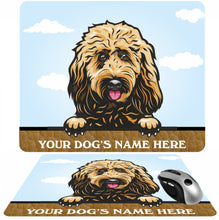Load image into Gallery viewer, Personalised Dog Breed Mousemat, Your Dogs Name With Cartoon Style Peeking Dog Breeds
