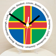 Load image into Gallery viewer, English Counties Clock, Flag Of Your Chosen County On A Quartz Clock, With Towns Listed Around EdgeStand or Wall Mounted, 200mm
