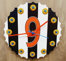 Load image into Gallery viewer, 3D Clock In Style Of a Newcastle Shirt with Newcastle Brown Bottle Top With Actual Newcastle Brown Bottle Tops In Place Of Hours
