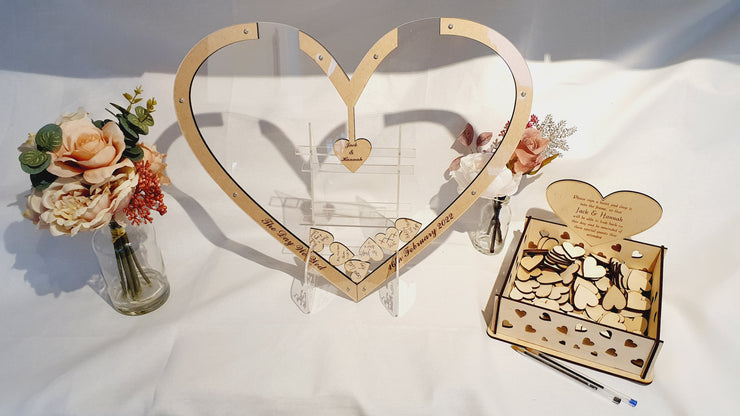 Wedding Day Alternative Guest Book, Large Heart with Wooden Hearts for Guests to Sign