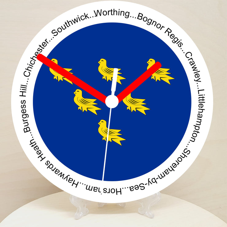 English Counties Clock, Flag Of Your Chosen County On A Quartz Clock, With Towns Listed Around EdgeStand or Wall Mounted, 200mm