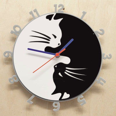Cats 3D Wall Clock Black and White Cats In Yin Yang design. Great for Cat lovers.